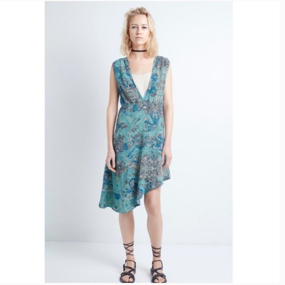 Zadig & Voltaire Root Deep V Neck Lightweight Asymmetrical Printed Dress M - Picture 1 of 9